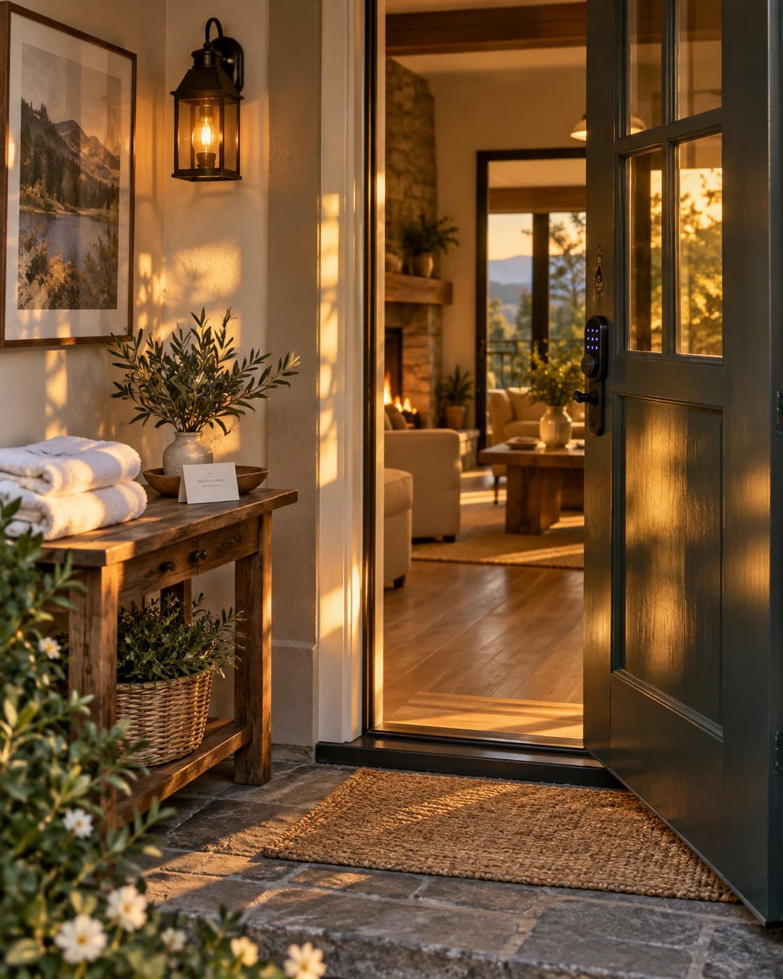 Welcoming short-term rental entrance opening into a warm, firelit living space
