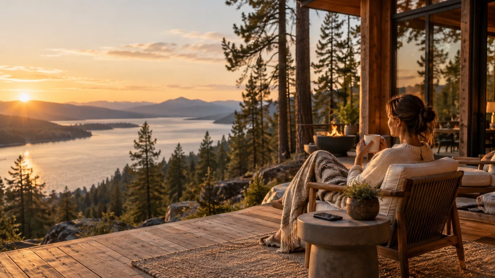 Relaxed short-term rental owner enjoying a sunset view from a scenic lakefront deck
